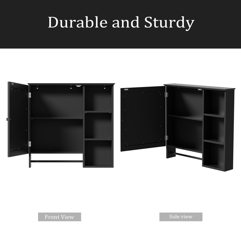 Armoire de rangement murale pour salle de bain, armoires à pharmacie avec grande porte miroir, tablettes réglables et trois niveaux de rangement ouverts