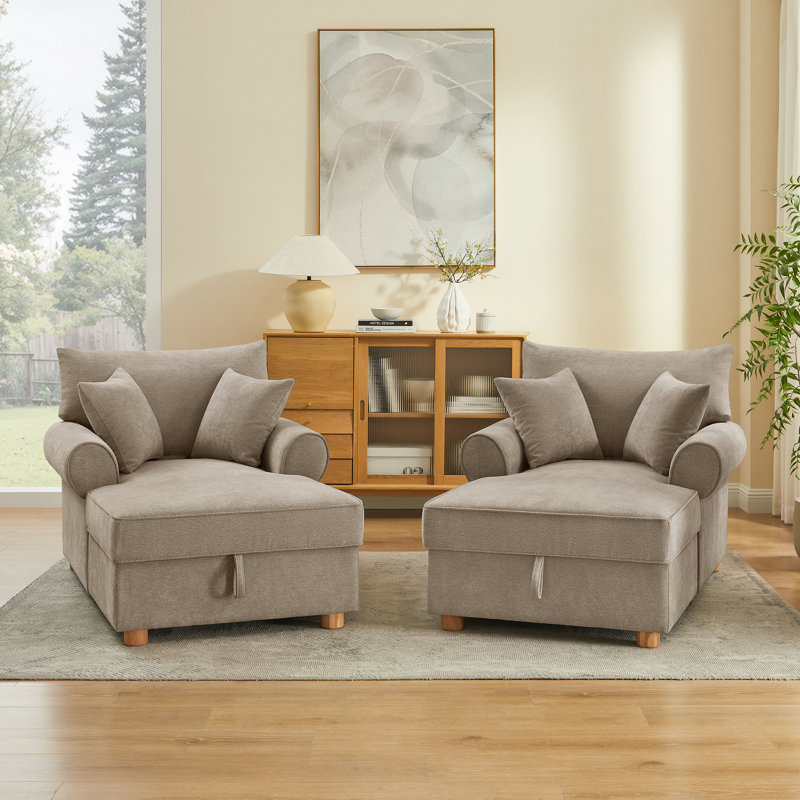Chaise longue rembourrée en chenille avec rangement (ensemble de 2), Camel