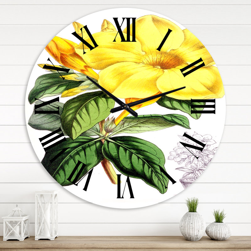 Fleurs tropicales jaunes avec feuilles vertes II - Horloge murale traditionnelle, Moyenne