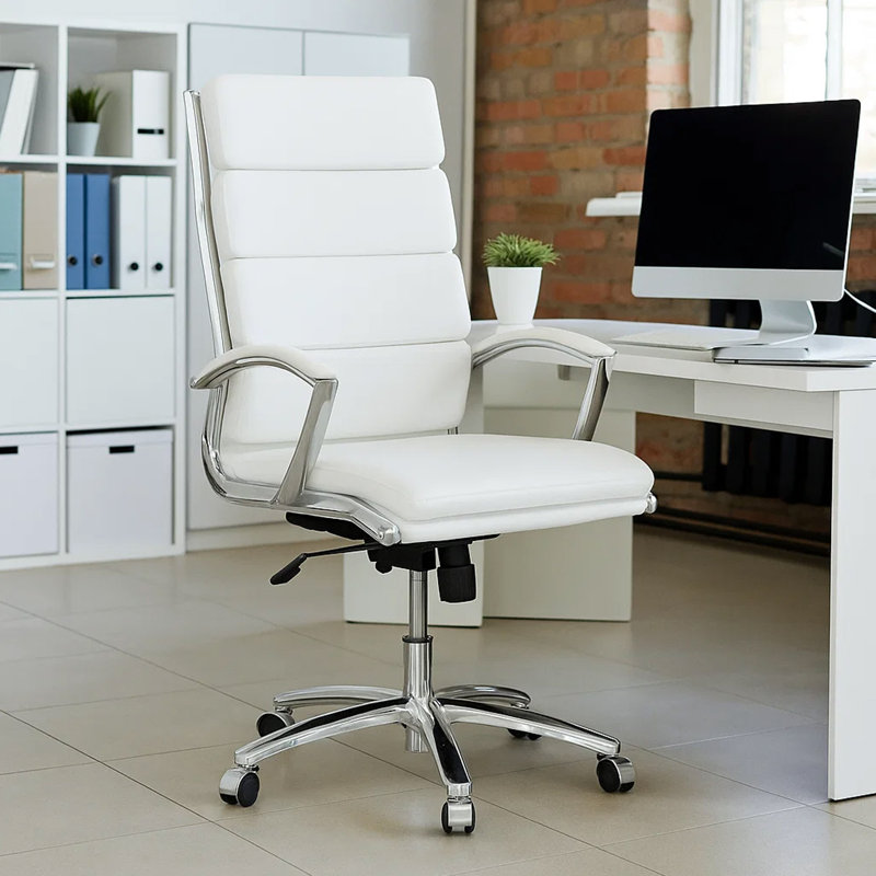 Dave Tall Executive Swivel Armchair, Chrome Finish, White Vinyl, White