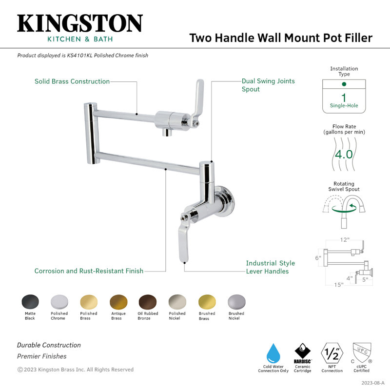 Kingston Brass Whitaker Two-Handle 1-Hole Wall Mount Pot Filler Faucet, Polished Nickel