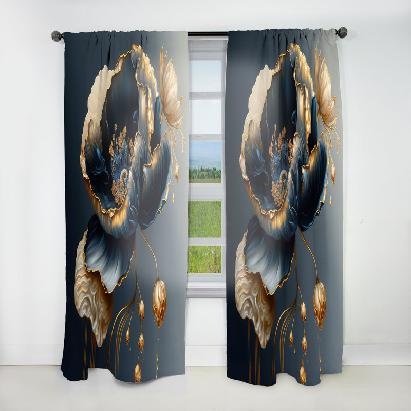 Rideau en velours floral - 1 panneau Deep Blue and Gold, L 52 po x L 108 po