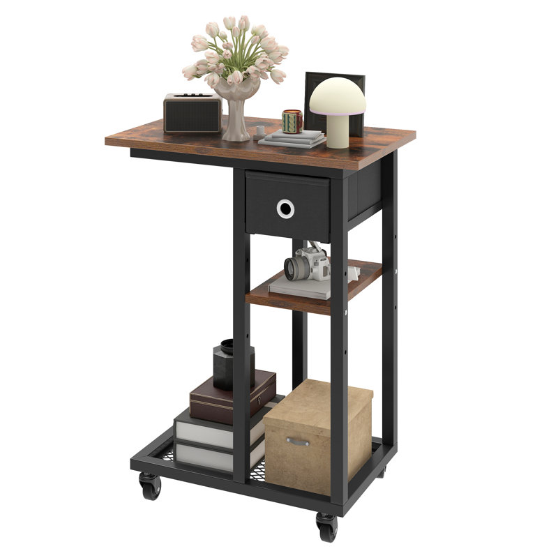 Rolling Side Table with Fabric Drawer 50 x 30 x 67 cm, Brown, Black