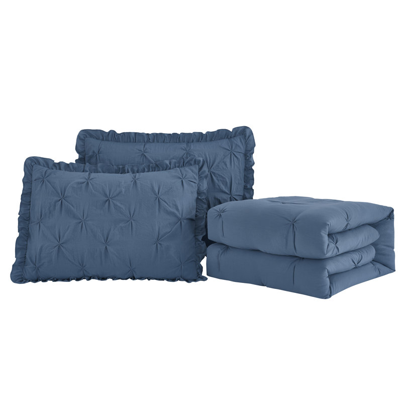 Aria French Country Chic Pinch Pleat Pintuck Ruffle Skirt Bedspread Set, King Bedspread + 2 King Shams, Dusty Blue