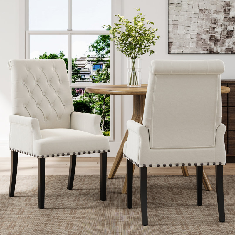 Duponta 49.5cm H Tufted Linen Upholstered Wing Back Armchair Dining Chair, Beige