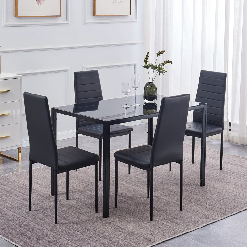 Ensemble de table et chaises de cuisine 5 pièces avec plateau en verre trempé noir et 4 chaises en cuir noir, Noir, Noir
