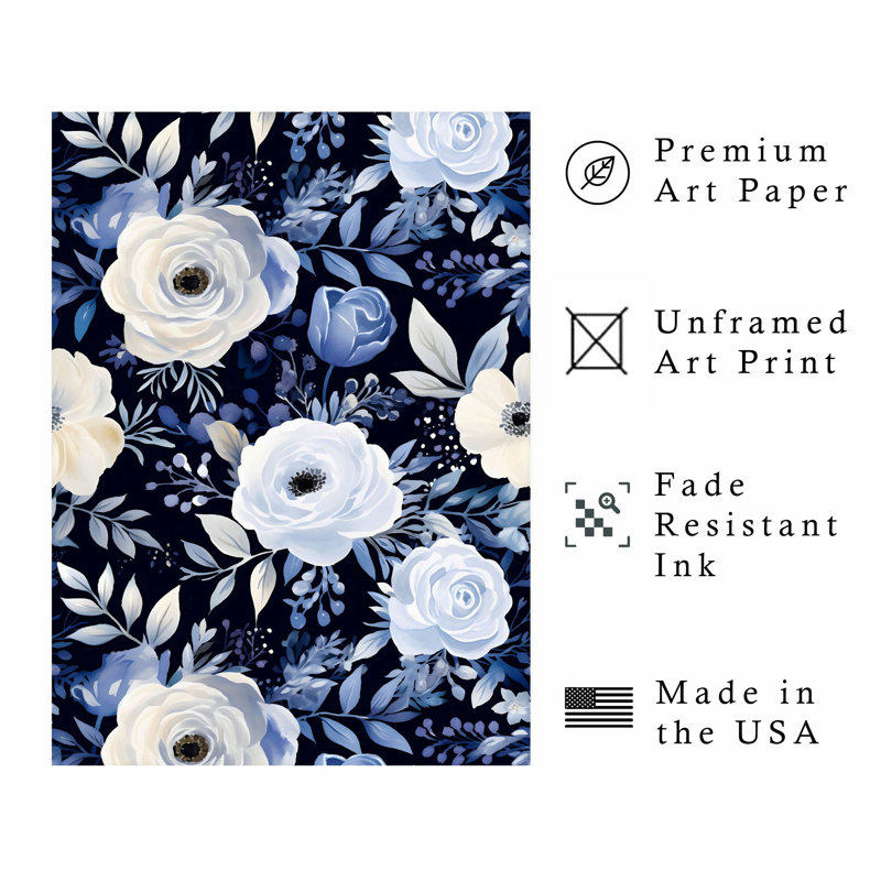 Motif floral bleu marine et fleurs IV, H 20 po x l 16 po