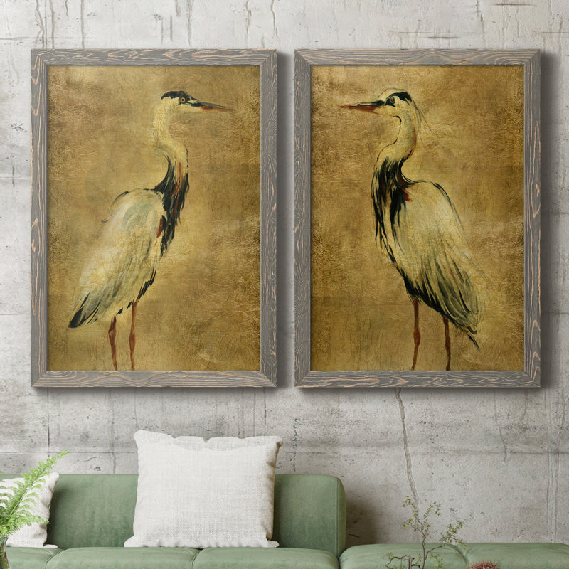 «Gold Crane at Dusk I», ensemble de reproductions d'art sur toile encadrées, H 20 po x l 34 po x P 1,5 po, Cadre gris