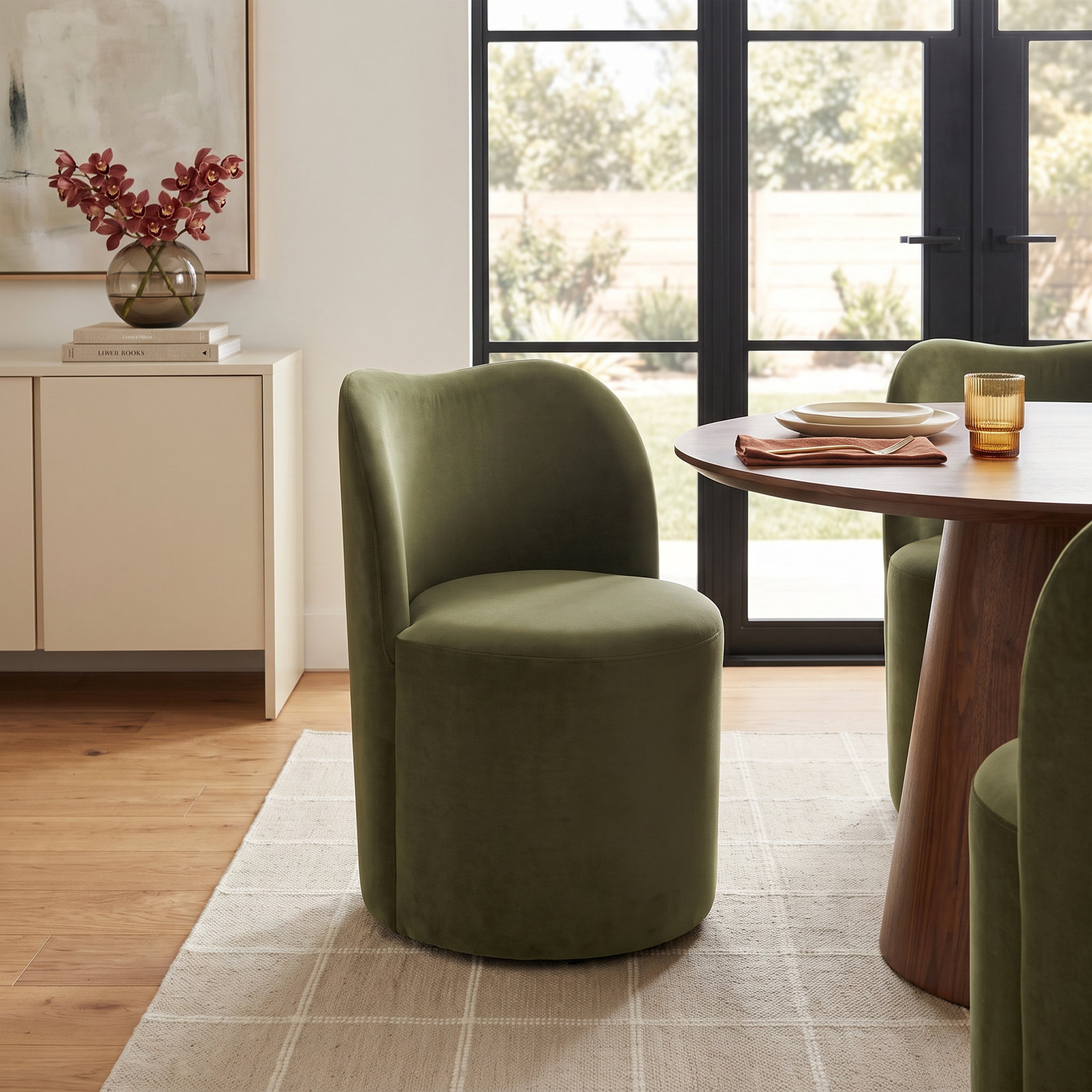 Basel Swivel Dining Chair, Soren Olivine Performance Velvet