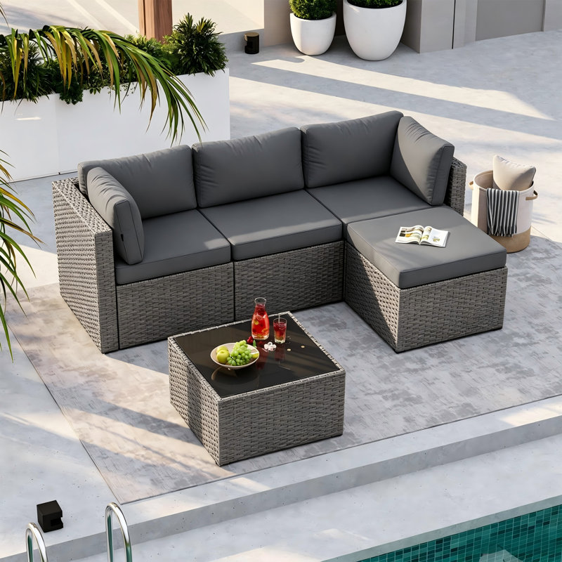 3-piece Outdoor Patio Conversation Set, Pe Rattan Wicker Seating Group With Ottoman & Coffee Table, Grey