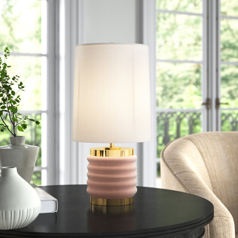 Blush Velvet and Brass Table Lamp with White Linen Shade