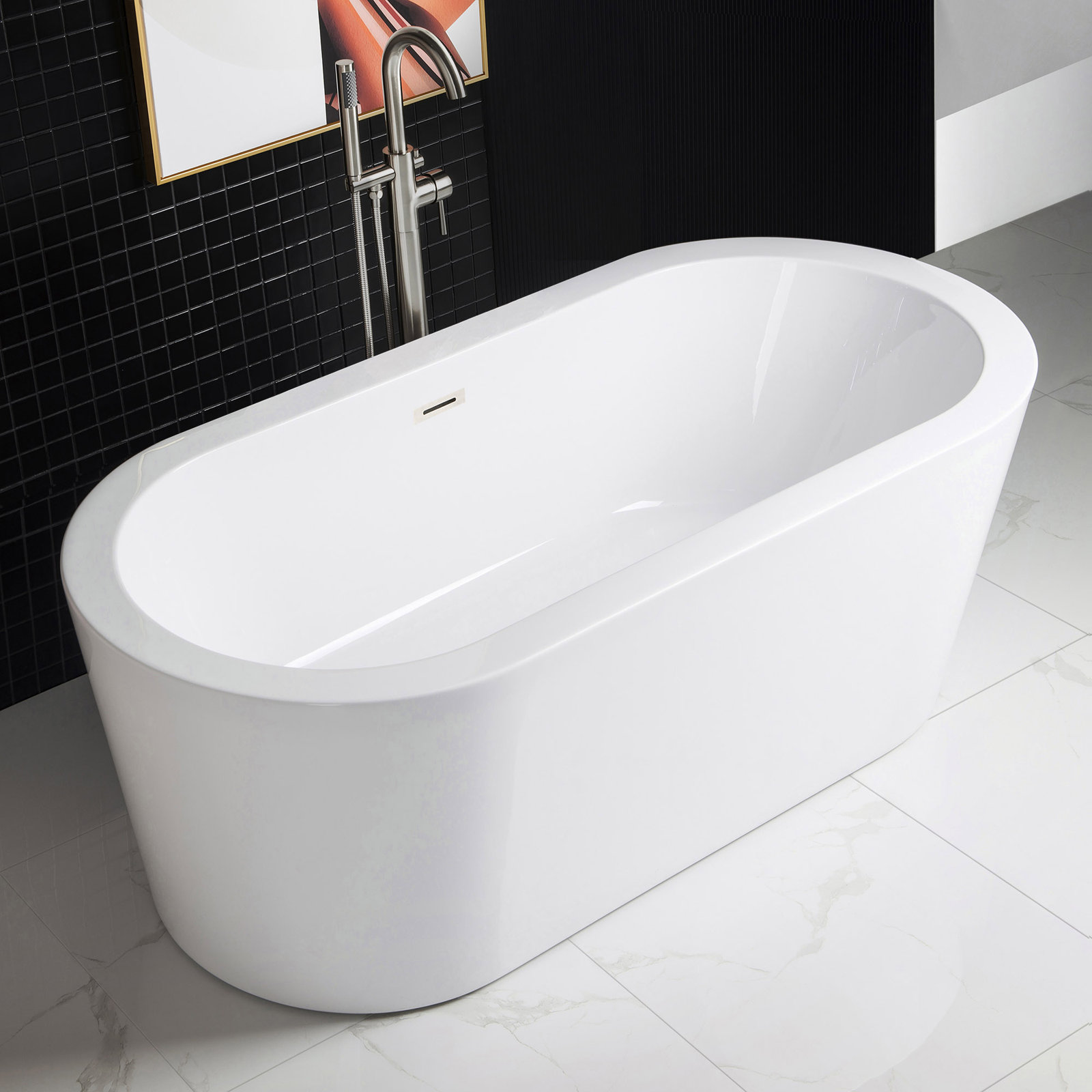 66.38" x 31.75" Freestanding Soaking Acrylic Double Ended Bathtub with Wide Rim, Brush Nickel