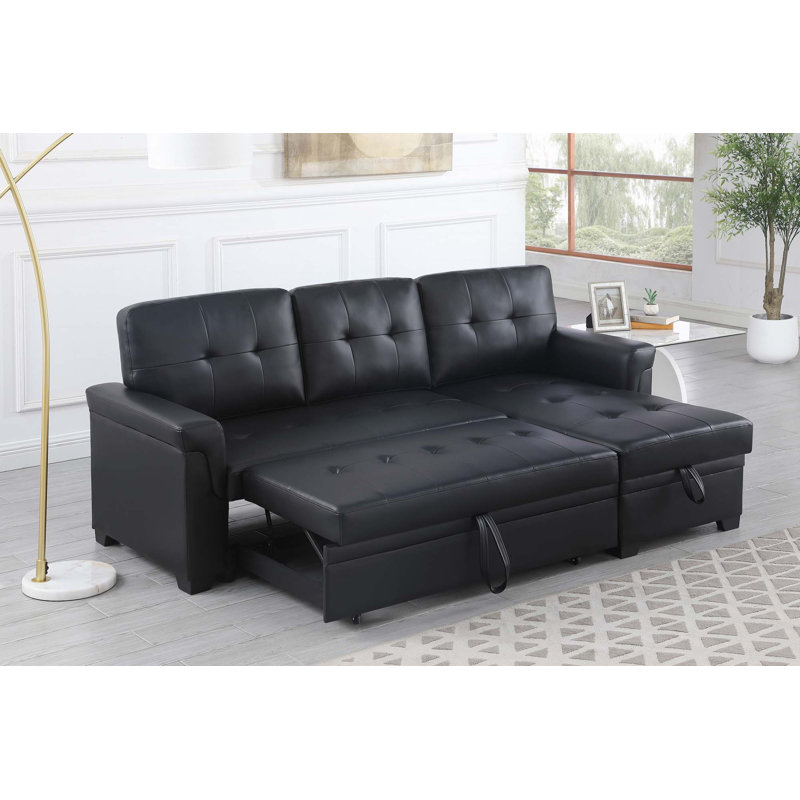 Canapé-lit modulaire réversible en cuir Vegan, Similicuir noir