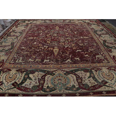 Agra One-of-a-Kind Rectangle 14'2" x 14'5" 1910s Rectangle Wool Area Rug in Green and Red