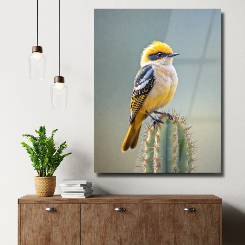 Art mural en verre trempé oiseau jaune, 20" H x 16" W