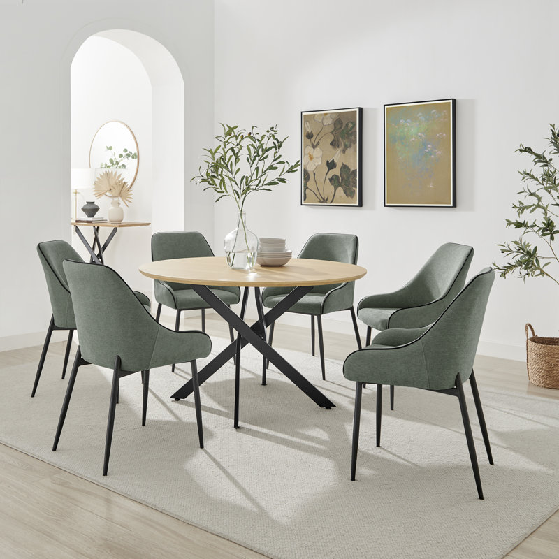 Hadlow Veneer & Metal Round Dining Table With Ophelia Fabric Chairs - Modern Statement Design, 6