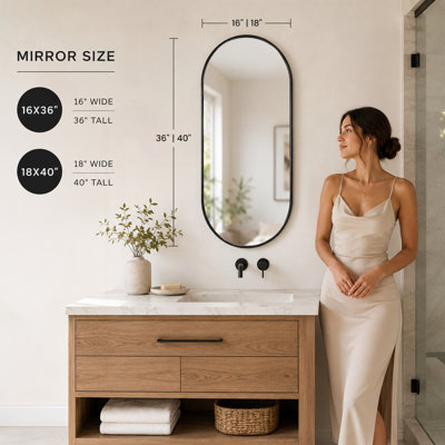 Miroir mural ovale avec cadre en PVC brossé, 18 x 40 po