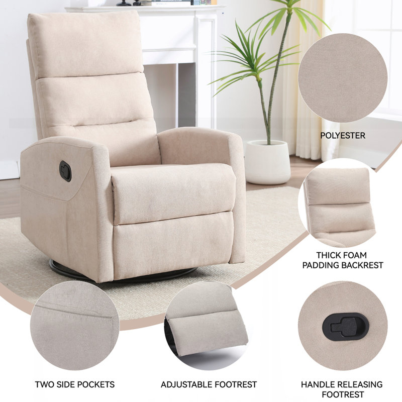 Manual Recliner Chair with Rocker and Swivel in Fabric, Beige
