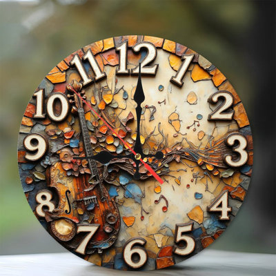 Vintage Violin Mosaic Wall Clock Autumn Leaves