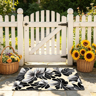 Monochrome Floral Pattern Doormat For Front Door, 24 X 36 Inch, Black White Beige