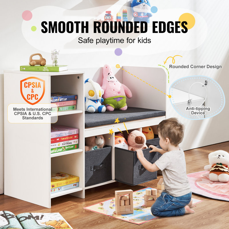 Kids Reading Nook Bench 6-Cubby Storage Bookshelf with Seat Cushion White