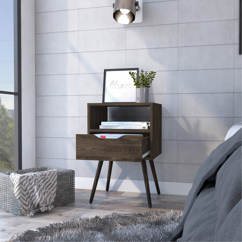 Otom Nightstand , Superior Top, One Open Shelf, One Drawer, Four Legs -Dark Walnut, Brown