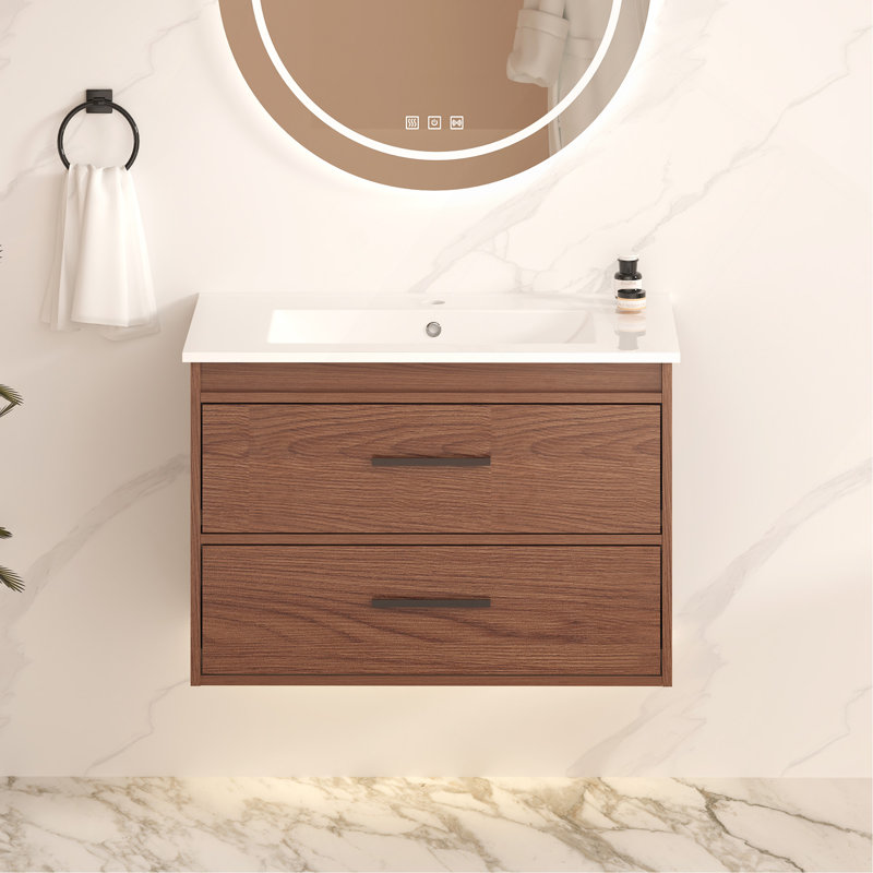 Ensemble de meuble-lavabo mural 30 po à 2 tiroirs, brun rougeâtre