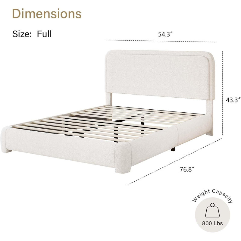 Full Size Cream Boucle Upholstered Platform Bed Frame with Headboard