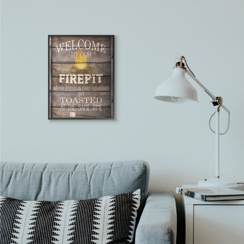 «Firepit Country Home Textured Word Design», impression sur toile, H 20 po x l 16 po x P 1,5 po, Cadre noir