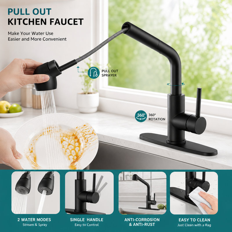 NOVEL Pull Out Kitchen Faucet, Matte Black