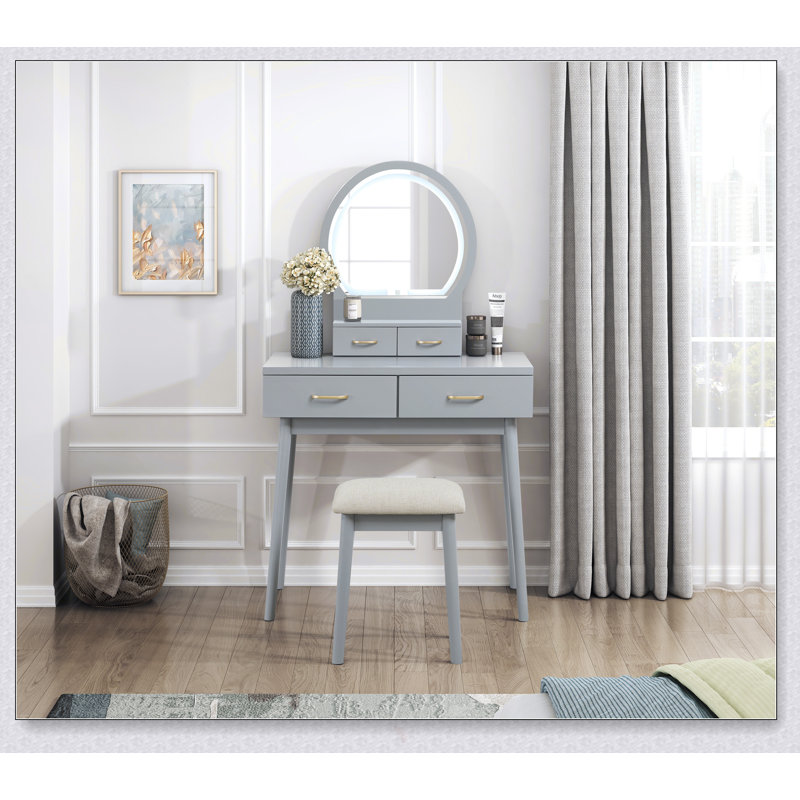 Ensemble de coiffeuse de luxe avec miroir à DEL et tabouret, grand rangement pour les cosmétiques et les accessoires, finition grise élégante