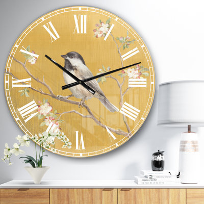 Gold Bird on Blossoms IV - Farmhouse Wall Clock