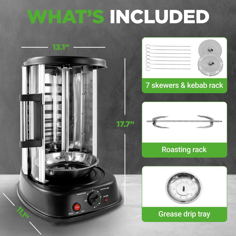 Nutrichef Vertical Rotating Shawarma Oven - Rotisserie, Shawarma, & Kebab Machine - Stain-Resistant, Energy-Efficient - Heat-Resistant Door - Includes Kebab Rack With 7 Skewers - Stainless Steel