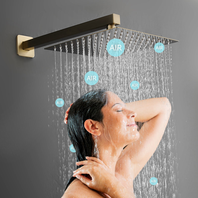 Brushed Gold Modern Bathroom Shower , 10 Inch Wall Mounted Rainfall With Pull - Out , One Manual Handle, 3 Hole Faucets, Cartridge Valve Luxury System, Contemporary Handheld Shower, Geometric Faucet,