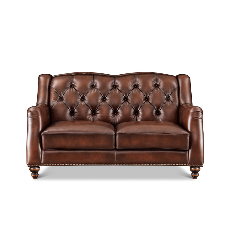 Hamptons 100% Top Grain Leather Loveseat with Diamond Tufted Back & Nailhead Trim