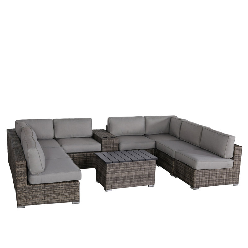 Mixed Gray Rattan Wicker 10-Piece Outdoor Sectional Set with Cushions