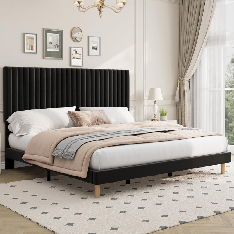 King Size Velvet Upholstered Platform Bed Frame with Adjustable Height Headboard, No Box Spring Needed, Easy Assembly - Black