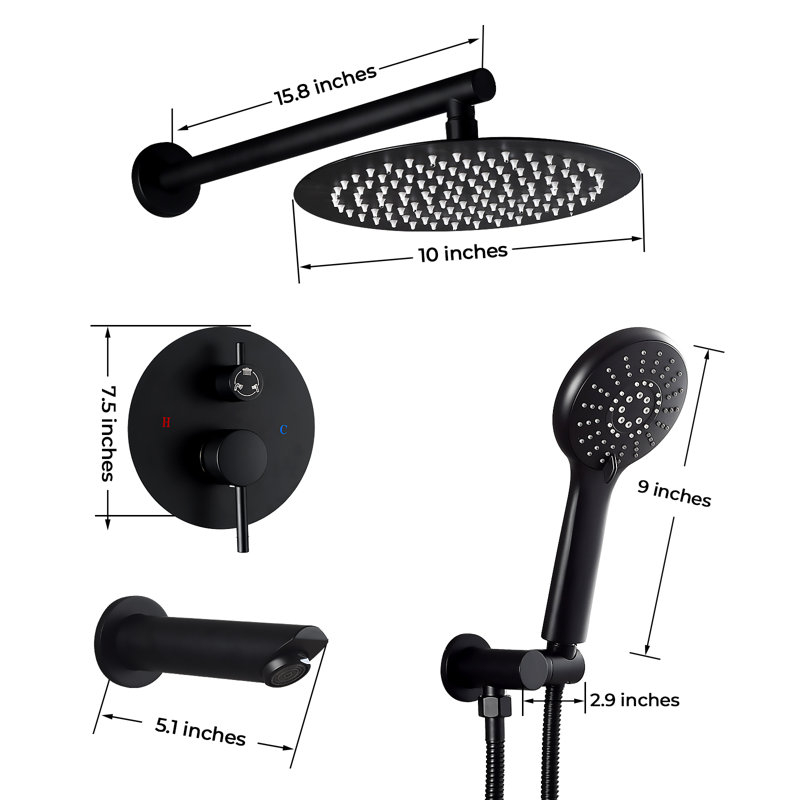Ensemble de douche à pluie HGN 12 po avec douchette murale et bec de baignoire , Noir mat