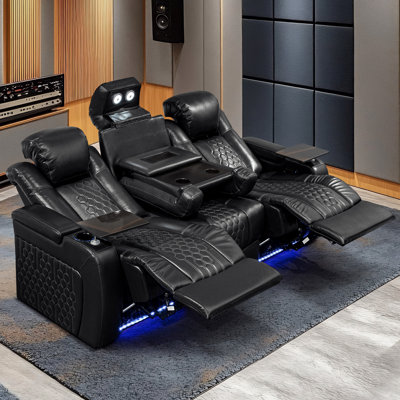 Chaise de cinéma maison en cuir véritable 3 pièces, noir