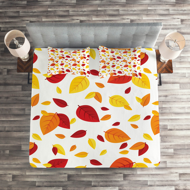 Floral Coverlet, Orange Leaf, King Bedspread + 2 Shams