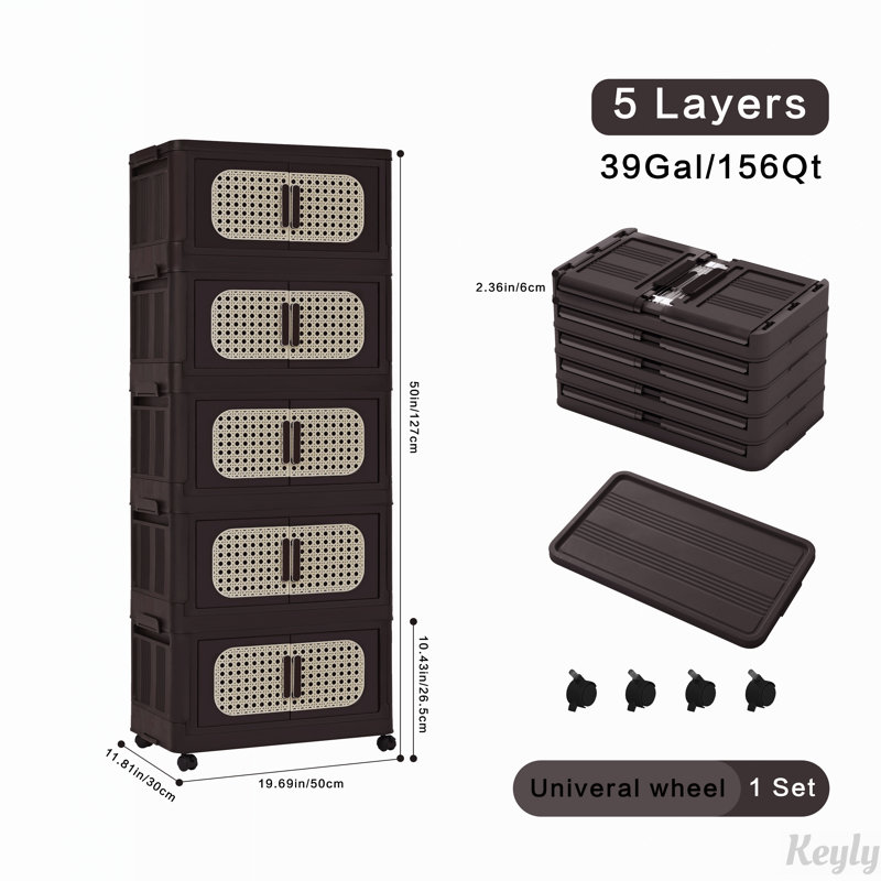 Armoire de rangement pliante en plastique 5 niveaux avec porte magnétique et roulettes, Brun / Noir