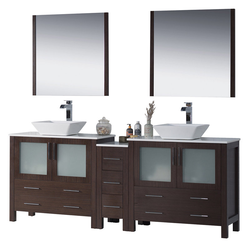 Ensemble de meuble-lavabo de salle de bain double 84 po avec miroir Mance, Wengé