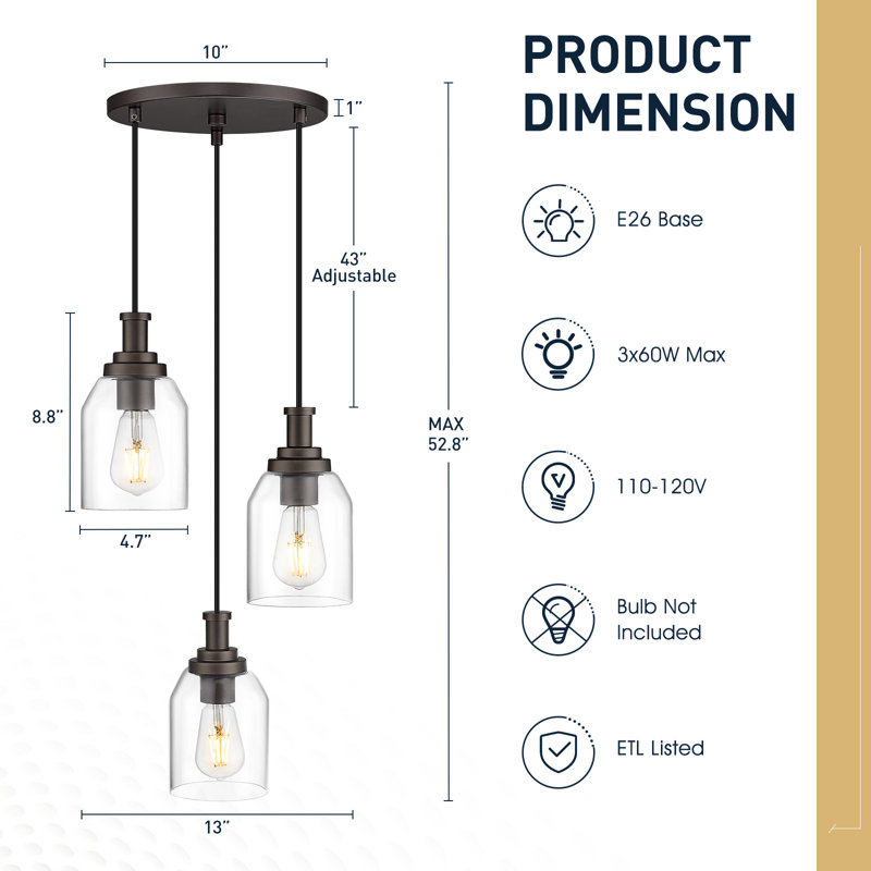 Luminaire suspendu en verre transparent huilé à 3 lumières