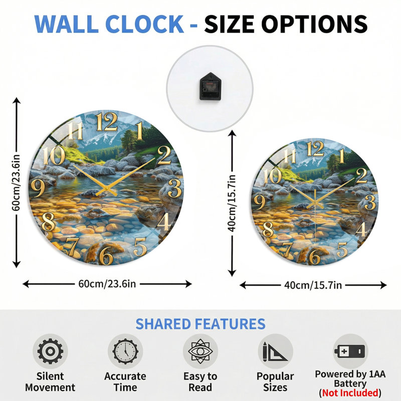 "Mountain Stream", horloge murale en verre, 40 x 40 cm (15,7 x 15,7 pouces)