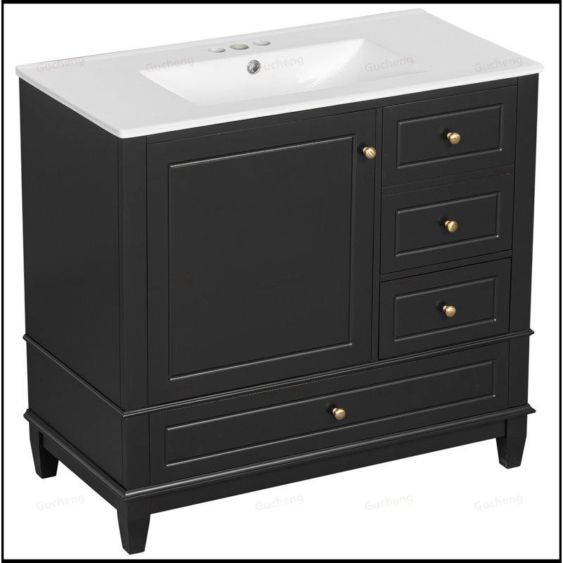 36Inch Bathroom Vanity With Solid Wood Base, Black