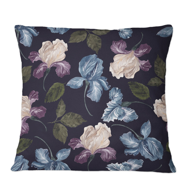 Coussin décoratif imprimé beige et mauve avec fleurs rétro III, 16 po x 16 po