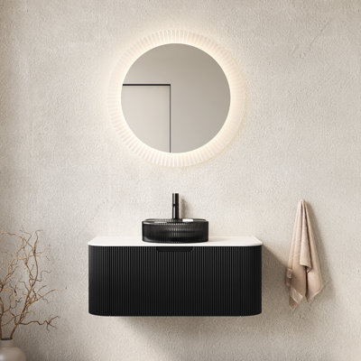 Meuble-lavabo mural de 91 cm (36 po), lavabo en verre noir transparent, tiroir en contreplaqué à rayures 3D, armoire, meuble-lavabo préassemblé avec comptoir rond.
