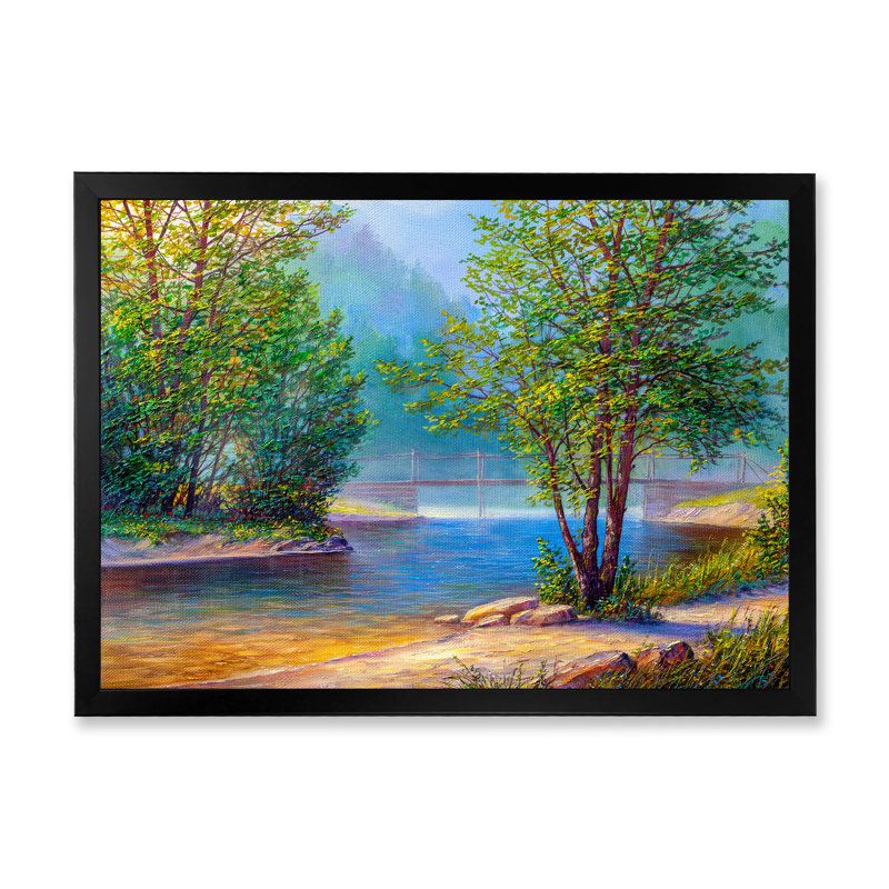 " Green Trees By The Riverside " Painting Print, 12" H x 20" W x 1" D, Black Framed