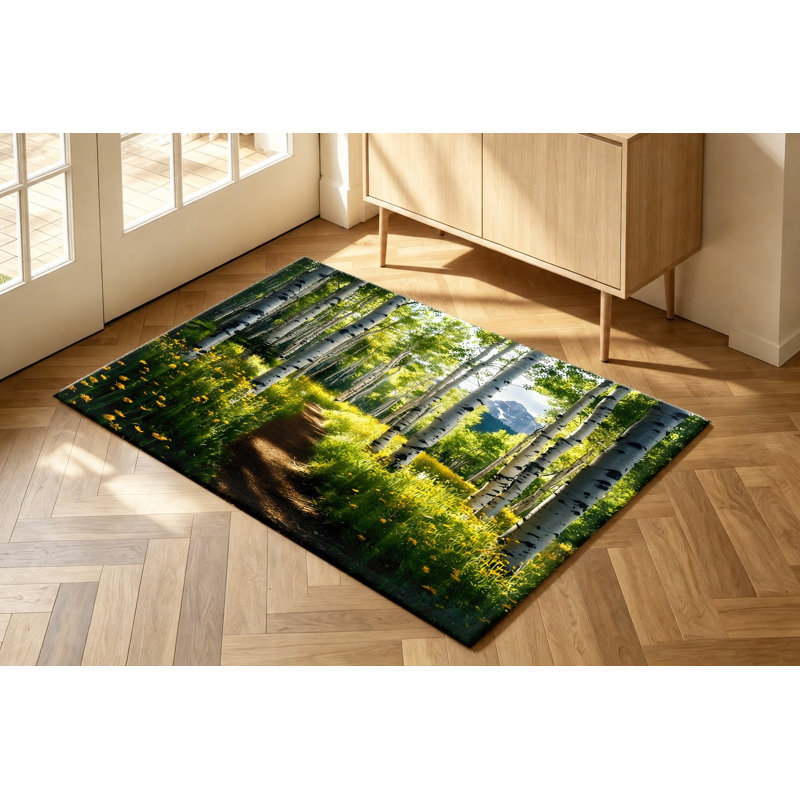 Tapis Birch Tree Yellow Flower Forest Pathway, Rectangle 5 pi 3 po x 3 pi 3 po (160 x 100 cm)