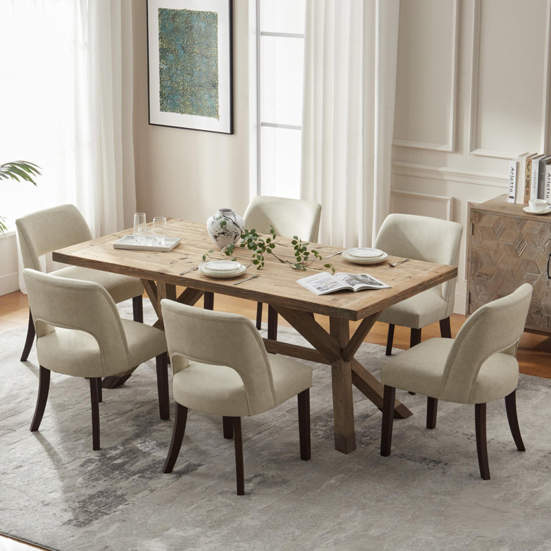 Faux Leather Upholstered Back Side Dining Chair (Set of 6), Beige, 6